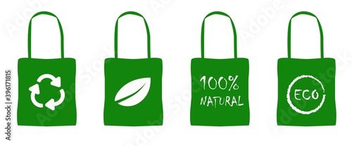 Eco organic bags. Green natural leaf package made from natural bio raw materials with decaying plastic reusable cycle.