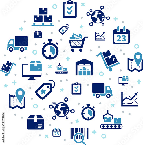 smart logistics / supply chain management vector illustration. Concept with connected icons related to transportation, shipping and cargo / warehouse strategy / delivery, distribution and storage.