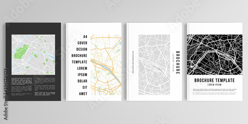 Realistic vector layouts of cover mockup design templates in A4 format with urban city map of Paris for brochure, cover design, flyer, book design, magazine, poster.