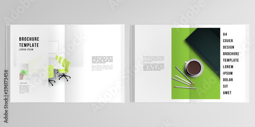 3d realistic vector layout of cover mockup design templates for A4 bifold brochure, cover design, book design, magazine, brochure cover. Home office concept, study or freelance, working from home.