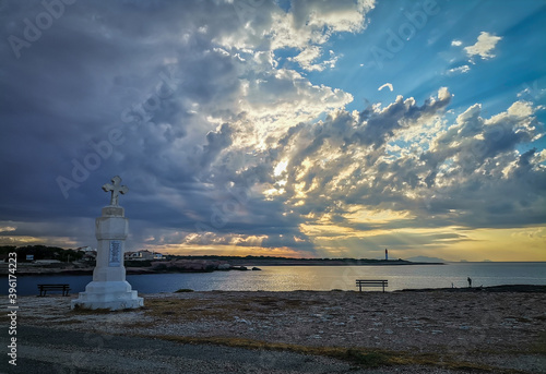 View of a religious monument at sunset by the Mediterranean sea, Carro, France