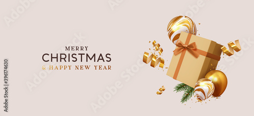 Merry Christmas and Happy New Year. Xmas design realistic beige gifts box, falling helium balloons, 3d golden confetti. Holiday gift background. vector illustration