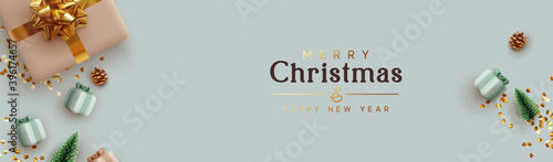 Merry Christmas and Happy New Year website header or banner. Xmas background design realistic gift box, green pine, pine cone of the Christmas tree, глиттер golden confetti. Horizontal poster.