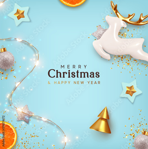 Merry Christmas and Happy New Year. Xmas Background design realistic porcelain figurines of beautiful white deer, festive decorative objects. Christmas poster, holiday banner, flyer, stylish brochure.