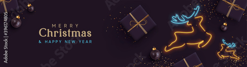 Christmas website header or banner, holiday poster. Xmas Background realistic gift box, bauble ball, glitter gold confetti, deer symbol neon light effect. Horizontal composition. Vector illustration