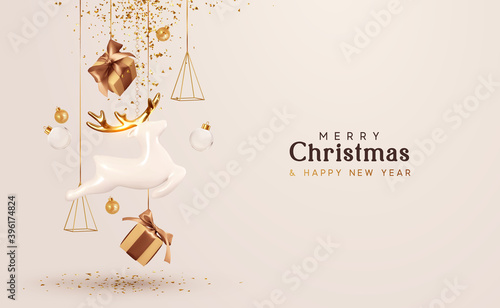 Merry Christmas and Happy New Year. Background with realistic festive gifts box. porcelain figurines of beautiful white deer. Xmas present. Holiday composition from render 3d objects.