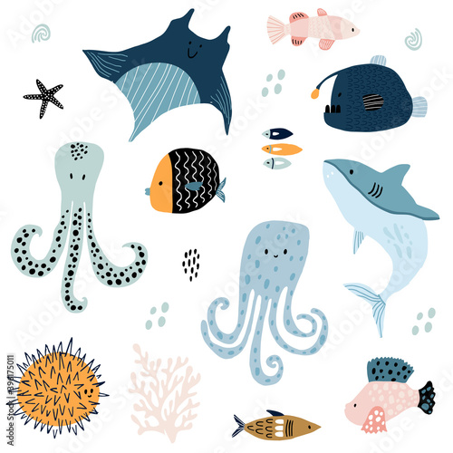 Big creative nautical clipart with marine inhabitants. Jellyfish, octopus, shark, devil fish, fish hummer, skate. Vector illustration