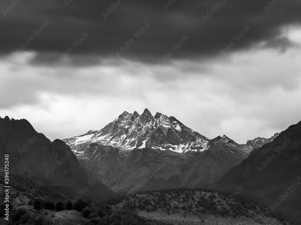 Monochrome landscape of mountains in Patagonia in rainy day in Argentina in vintage style