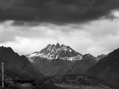 Monochrome landscape of mountains in Patagonia in rainy day in Argentina in vintage style