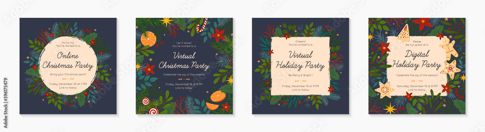 Bundle of Christmas and Happy New Year online party invitation templates during covid 19.Modern vector layouts with traditional holiday symbols.Xmas trendy designs for banners,prints,social media Bundle of Christmas and Happy New Year online party invitation templates during covid 19.Modern vector layouts with traditional holiday symbols.Xmas trendy designs for banners,prints,social media