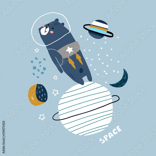 Creative space concept with cute bear in reactive backpack. Childish illustration. Perfectly look on t-shirt, poster, nursery decoration, apparel design. Kids Vector Illustration