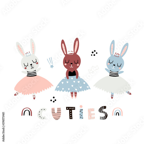 Cute cartoon bunny girls ballerinas in floral. Childish print for nursery, kids apparel,poster, postcard. Vector Illustration
