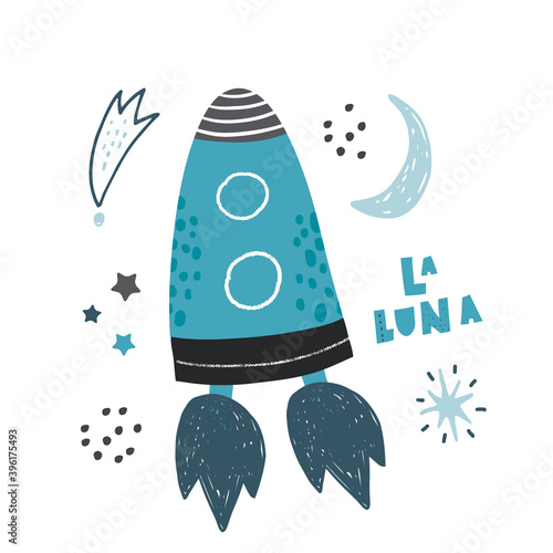 Creative space illustration. Childish print with rocket, planet, stars. Perfectly look on t-shirt, poster, nursery decoration, apparel design. Kids Vector Illustration