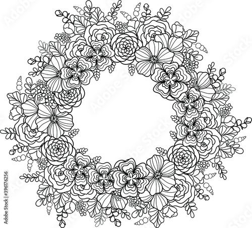 Doodle flowers wreath with copy space . Black outline on transparent background decorative floral vector element