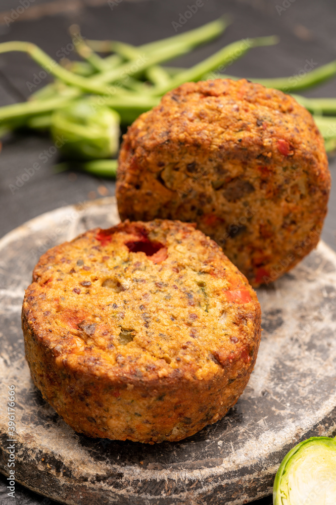 Fresh veggie burgers made from vegetables, beans and legumes, tasty vegan food Fresh veggie burgers made from vegetables, beans and legumes, tasty vegan food