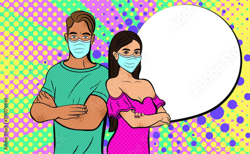 Woman with a man in mask in pop art style. Vector background in comic style retro pop art. Illustration for print advertising and web.