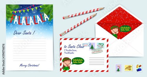 Christmas template set, Letter from Santa Claus, Letter to Santa, envelope, postage stamps. for children's desires and wish list. Christmas Greeting Card.