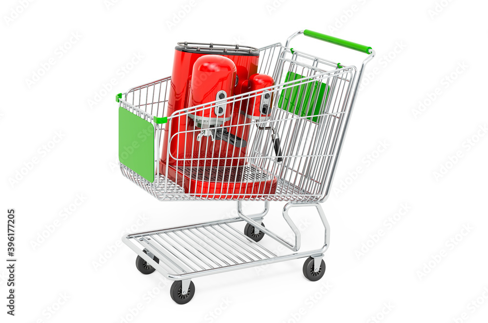 Coffee machine retro design inside shopping cart, 3D rendering Coffee machine retro design inside shopping cart, 3D rendering