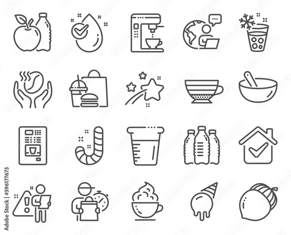 Food and drink icons set. Included icon as Coffee, Candy, Cooking beaker signs. Coffee vending, Acorn, Ice cream symbols. Water bottles, Water drop, Apple. Cooking mix, Ice maker. Vector