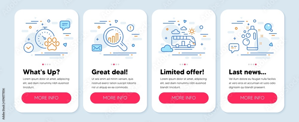 Set of Business icons, such as Seo analysis, Bus travel, Dog competition symbols. Mobile screen banners. Clean bubbles line icons. Targeting chart, Transport, Pets activities. Laundry shampoo. Vector