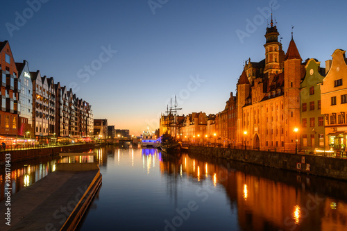 Motlawa River and beautiful old architecture of Gdansk at night. Poland