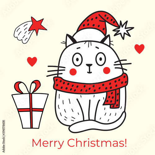 Merry Christmas. Greeting card with a cat in a red hat and a scarf with a gift and a Christmas star. Vector. Line, outline. Cute sketch card