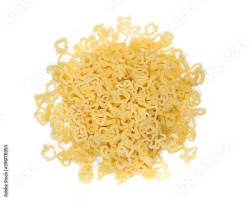 Children's macaroni on white background. Pasta in the form of different figures. 