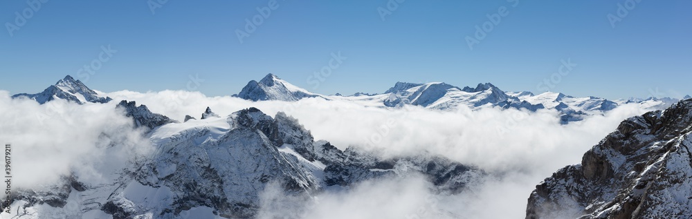 View over the swiss Alps in the winter from Mount Titlis near Engelberg