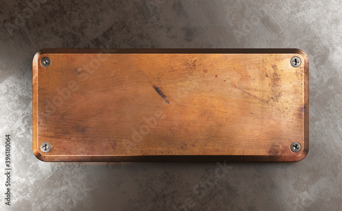 Canvastavla Empty copper metal plate on rust background. 3d