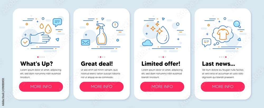 Set of Cleaning icons, such as Rubber gloves, Spray, Water drop symbols. Mobile screen app banners. T-shirt line icons. Hygiene equipment, Washing cleanser, Crystal aqua. Laundry shirt. Vector Set of Cleaning icons, such as Rubber gloves, Spray, Water drop symbols. Mobile screen app banners. T-shirt line icons. Hygiene equipment, Washing cleanser, Crystal aqua. Laundry shirt. Vector