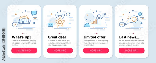 Set of Sports icons, such as Winner, Arena stadium, Winner ribbon symbols. Mobile screen app banners. Whistle line icons. Best result, Competition building, Best award. Kick-off. Winner icons. Vector