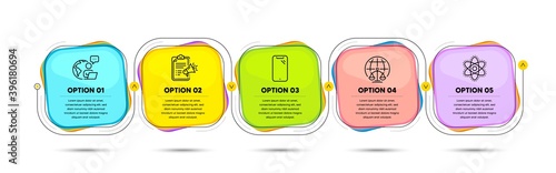 Smartphone, Magistrates court and Chemistry atom line icons set. Timeline process flowchart. Megaphone checklist sign. Phone, Internet judgement, Laboratory molecule. Brand check. Vector