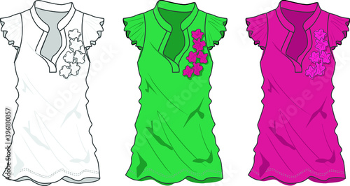 Flat sketch dress design for girls in 3 variants.