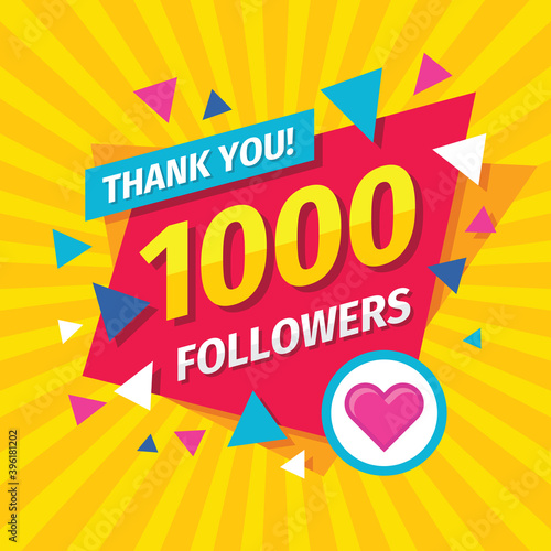 Thank you 1000 followers concept banner design. Congratulation layout for 1 k. Follow creative poster for blog. Vector illustration. 