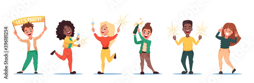 Photography Group of young happy people celebrates holiday, new year, birthday or victory on white background