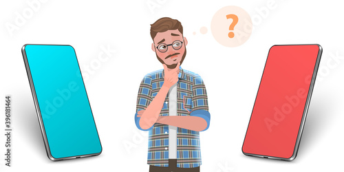 3D Vector Conceptual Illustration of Smartphone comparison, Man is Choosing Between Two Smart Phones.