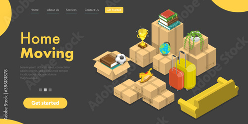 3D Isometric Flat Vector Landing Page Template of House Moving and Relocation Service.