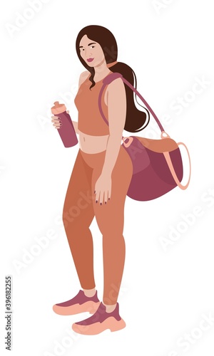 Fitness young woman with sports bag and water bottle. Trendy cartoon vector flat illustration for gym, fitness class or motivation for sport on white background.	