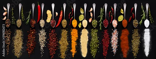 Obraz  z motywem Various spice and herbs on dark background