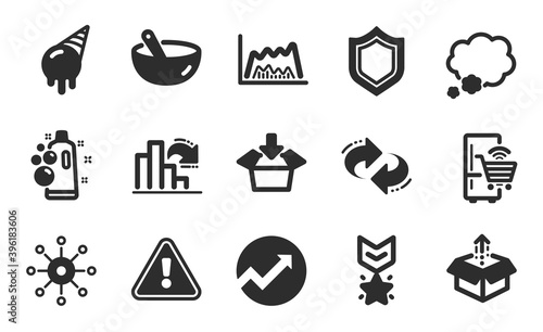 Decreasing graph, Get box and Multichannel icons simple set. Cooking mix, Winner medal and Trade chart signs. Send box, Audit and Refrigerator symbols. Flat icons set. Vector