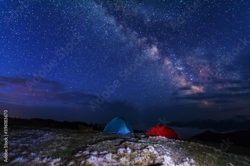 Night photos in the Ukrainian Carpathian Mountains with a bright starry sky and the Milky Way 