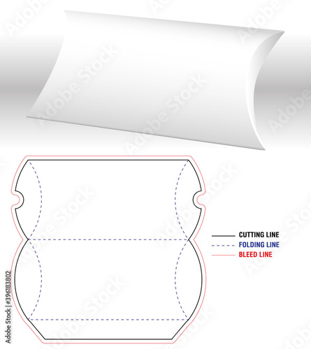 Pillow box blank 3d template and open real size diecut