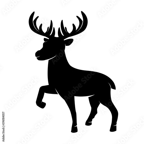 Black silhouette of Christmas horned reindeer in a minimal flat style. Vector illustration of a one single standing cute northern deer mammal animal mascot character isolated on white background © printstocker