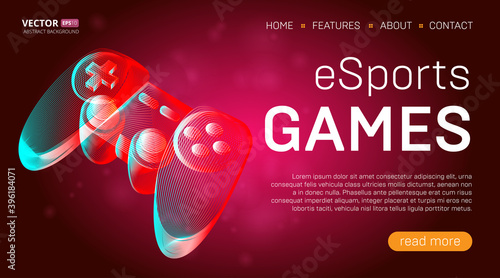 Esports games landing page template with a gamepad or retro game console controller banner. Outline vector illustration of wireless video game joystick in 3d line art style on abstract background