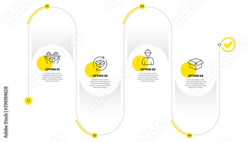 Return parcel, Engineer and Hold box line icons set. Timeline process infograph. Open box sign. Exchange of goods, Worker profile, Delivery parcel. Delivery package. Industrial set. Vector