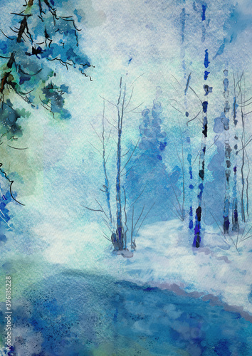 Winter forest. Watercolor background photo