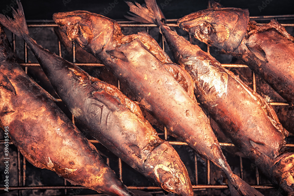 Smoked fish Scomber or mackerel cooked in the smokehouse