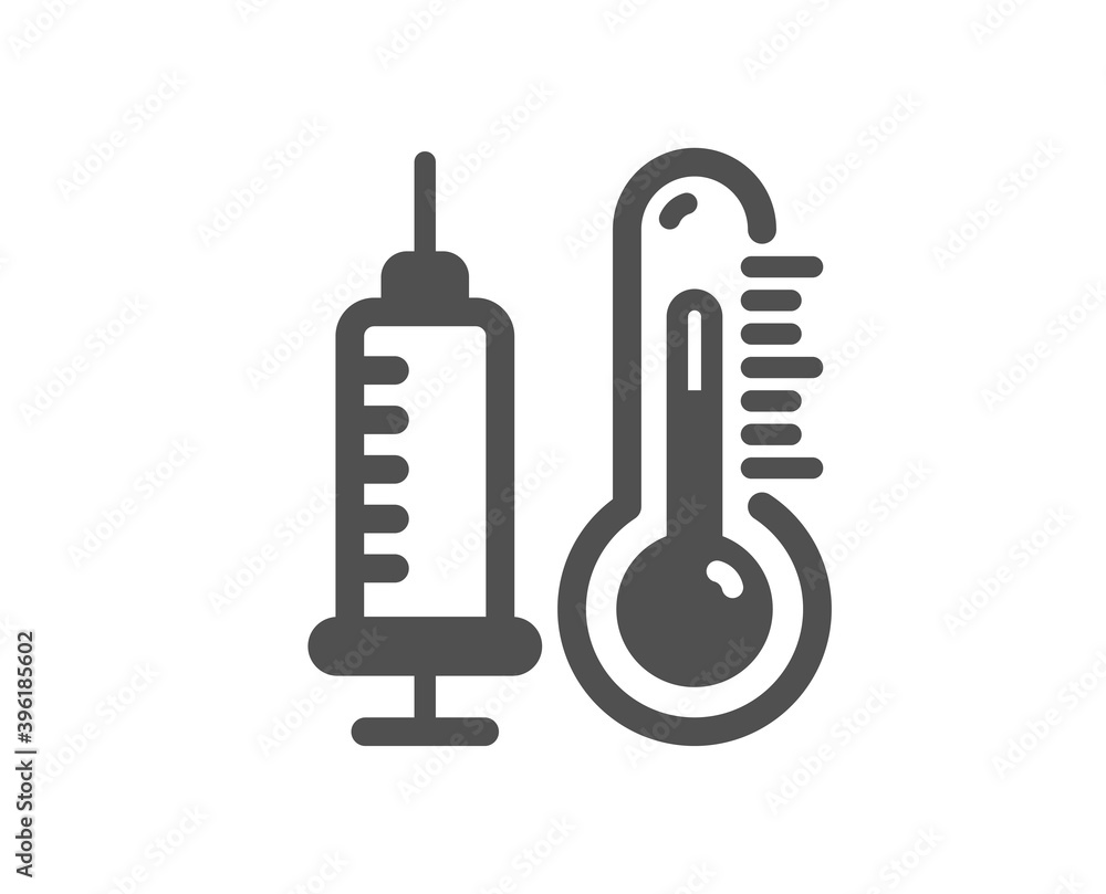 Thermometer with vaccine icon. Temperature diagnostic sign. Fever measuring symbol. Quality design element. Flat style thermometer icon. Editable stroke. Vector Thermometer with vaccine icon. Temperature diagnostic sign. Fever measuring symbol. Quality design element. Flat style thermometer icon. Editable stroke. Vector