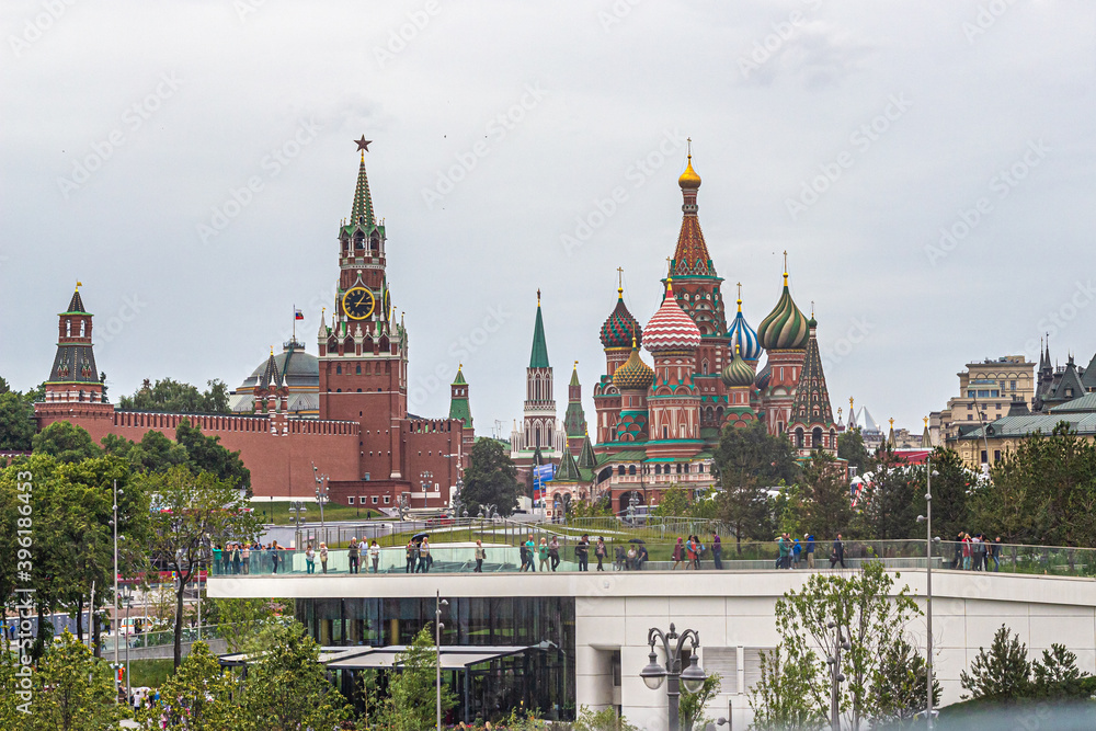 Panoramic view of the Kremlin towers and St. Basil's Cathedral Panoramic view of the Kremlin towers and St. Basil's Cathedral