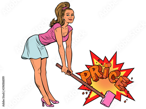 a woman with a hammer breaks prices. The buyer concept. Discounts and sales